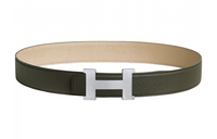 HERMES Constance Silver Matte Silver Buckle Calfskin Leather Belts Men's Green Width 3.8CM