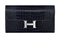 HERMES Constance Long Wallet Crocodile Leather Wallet Women's 78 Bleu Marine Deep Sea Blue