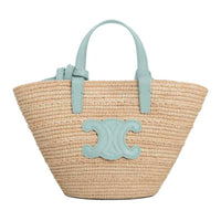 CELINE Raffia Shoulder Bag, Crossbody Bag, Handbag Women's Natural Color & Light Blue