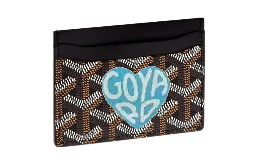 GOYARD Canvas With Calfskin Card Clip Card Holder Unisex Black With Light Blue Heart Design