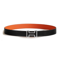 HERMES Calfskin Palladium-Plated Leather Belts Men's Black/Orange Width: 3.2CM