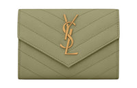 SAINT LAURENT CASSANDRE Cow Leather Envelope Bag Wallets Small Size Women's Light Gray Green