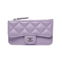 CHANEL Caviar Leather Card Holder Mini Women's Light Purple & Silver