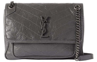 SAINT LAURENT Cow Leather Hobo Bag, Crossbody Bag, Shoulder Bag Medium Size Women's Gray White