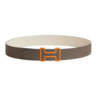 HERMES Calfskin Stainless Steel Rubber Leather Belts Men's Umber Width: 3.8CM