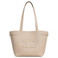 CELINE Triomphe Grained Calfskin Tote Bag Shopping Bag Handbag Small Size Women's Light Beige
