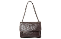SAINT LAURENT Leather Hobo Bag Shoulder Bag Crossbody Bag Medium Size Women's Dark Chocolate Brown