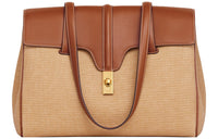 CELINE 16 Textile Cow Leather Handbag Shoulder Bag Tote Medium Size Women's Beige/Tan