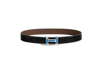 HERMES Lacquered Finish Brushed Smooth Buckle Leather Belts Men's Black Width: 3.2CM