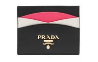 PRADA Saffiano Leather Card Holder Women's Black/Wood Chrysanthemum