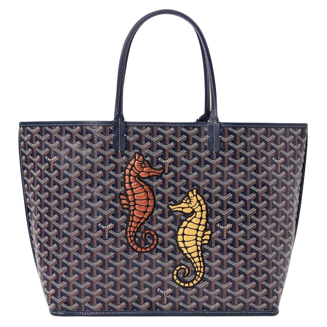 GOYARD Anjou Calfskin With Canvas Dog's Teeth Tote Bag Shopping Bag Shoulder Bag Handbag Small Size Women's Marine Blue