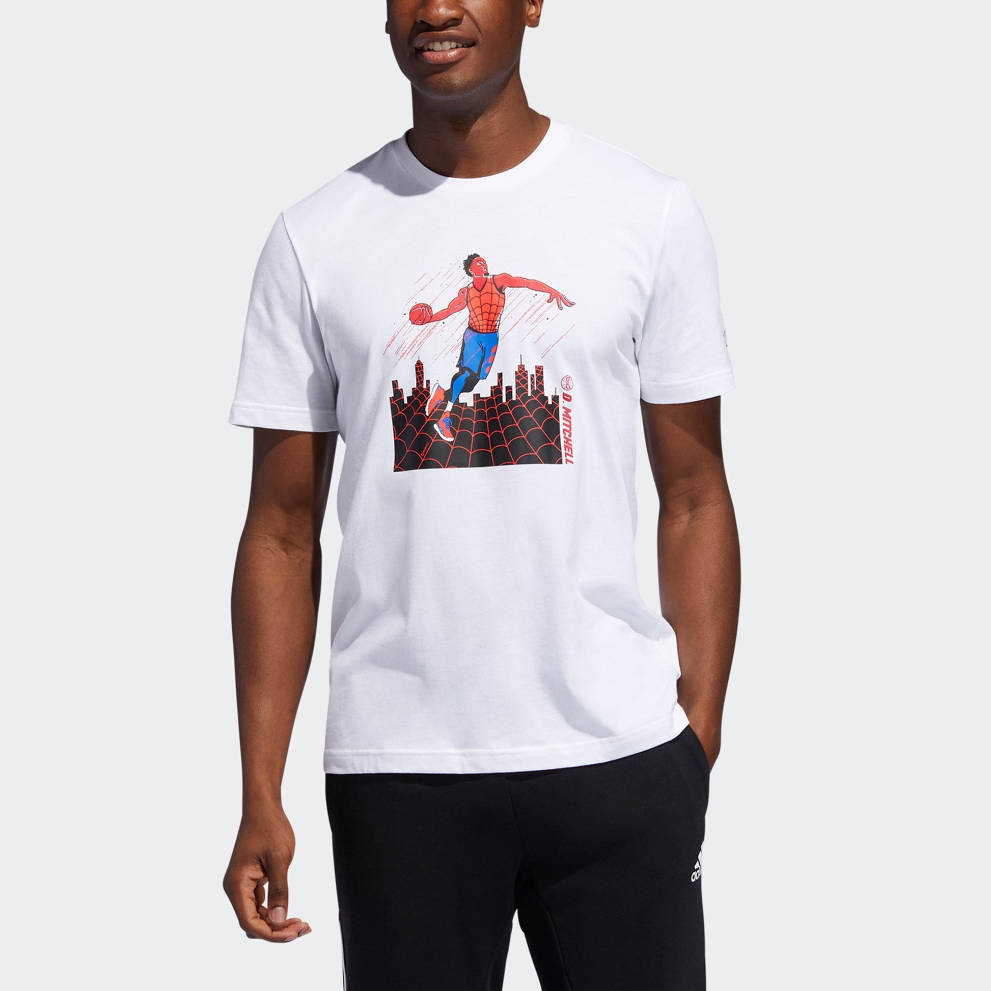 Men's adidas x MARVEL/ MARVEL Dm Spiderman 1 Printing Basketball Sports Round Neck Short Sleeve White T-Shirt DX6983