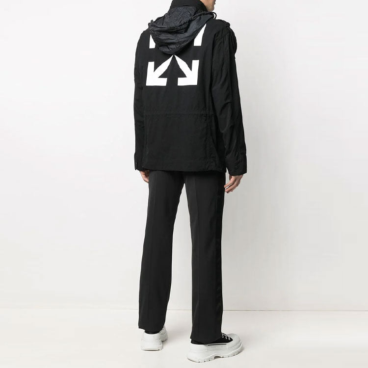 Off-White FW21 Arrows Logo Cargo Pocket Solid Color Long Sleeves Jacket Ordinary Version Black OMEL015R21FAB0011001