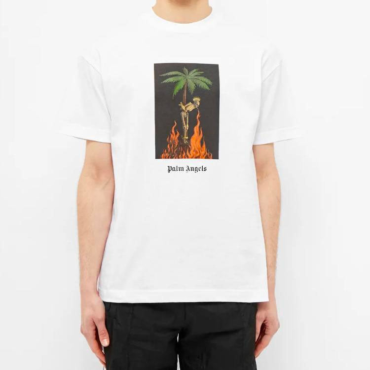 Men's PALM ANGELS Burning Skeleton Tee Flame Printing Short Sleeve White PMAA001R204130260188
