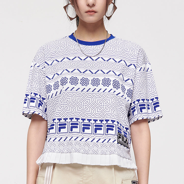 FILA FUSION x WM White Crossover Printing Loose Round Neck Short Sleeve Blue Totem T-Shirt T11W127104F-WT