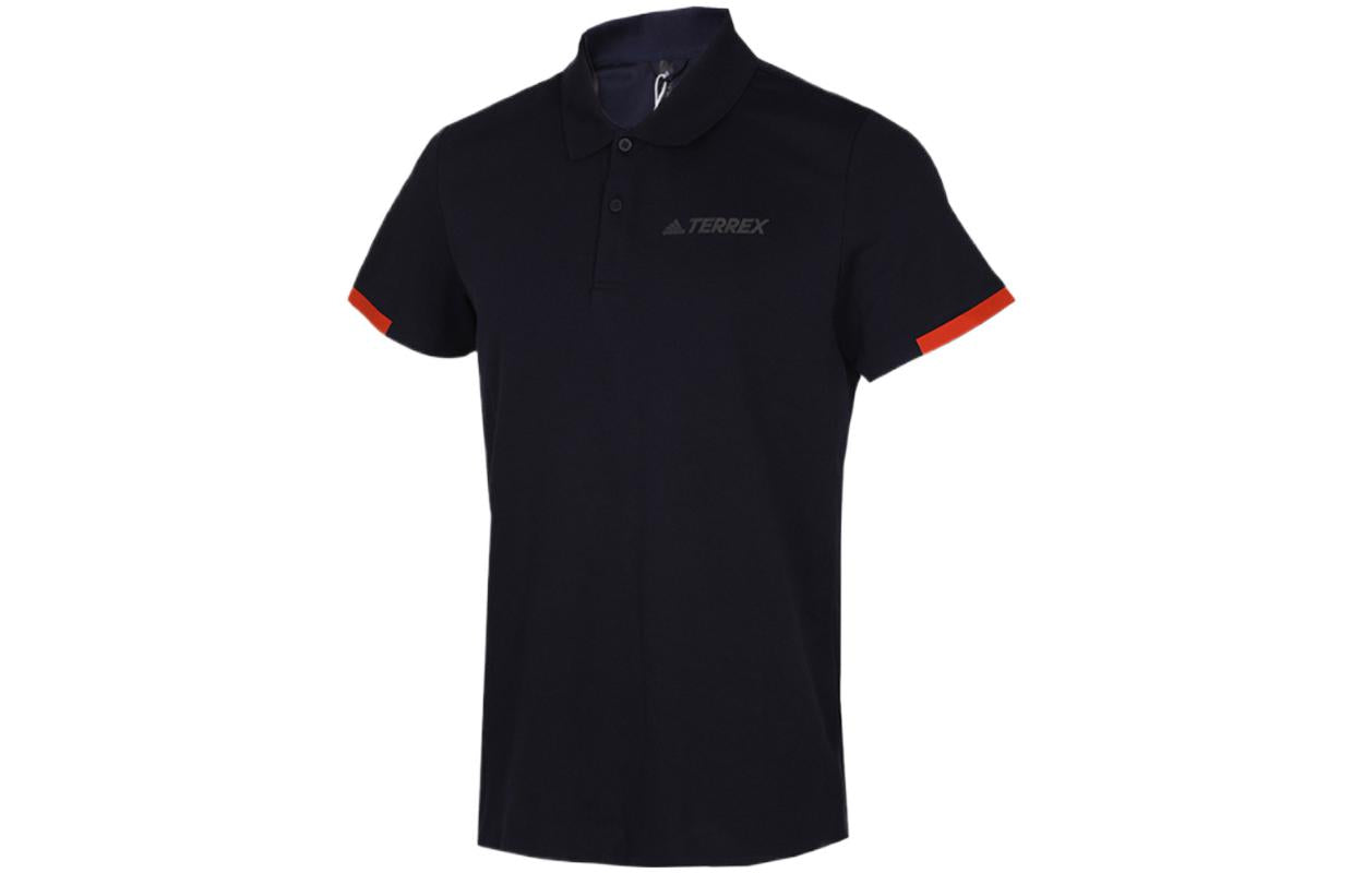 Men's adidas Solid Color Classic Logo Printing Cuff Detail Short Sleeve Navy Blue Polo Shirt FN0769