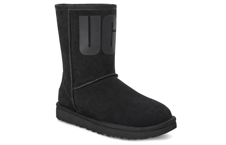 (WMNS) UGG Classic Short UGG Rubber Logo Snow Boots Black 1108230-BLK