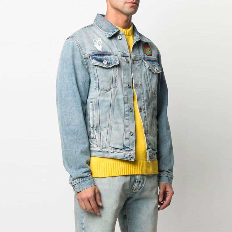 Off-White SS21 Apple Logo Pattern Denim Jacket Loose Fit Blue OMYE054S21DEN0024525