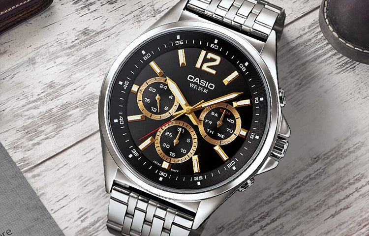 CASIO Waterproof Stainless Steel Strap Unisex Black Dial Strap Mens Black Analog MTP-E303D-1AVDF