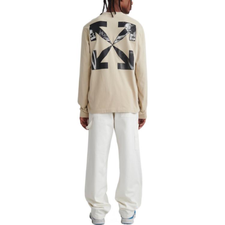 Men's Off-White FW22 Logo Printing Round Neck Pullover Long Sleeves Loose Fit Beige T-Shirt OMAB064S22JER0041710