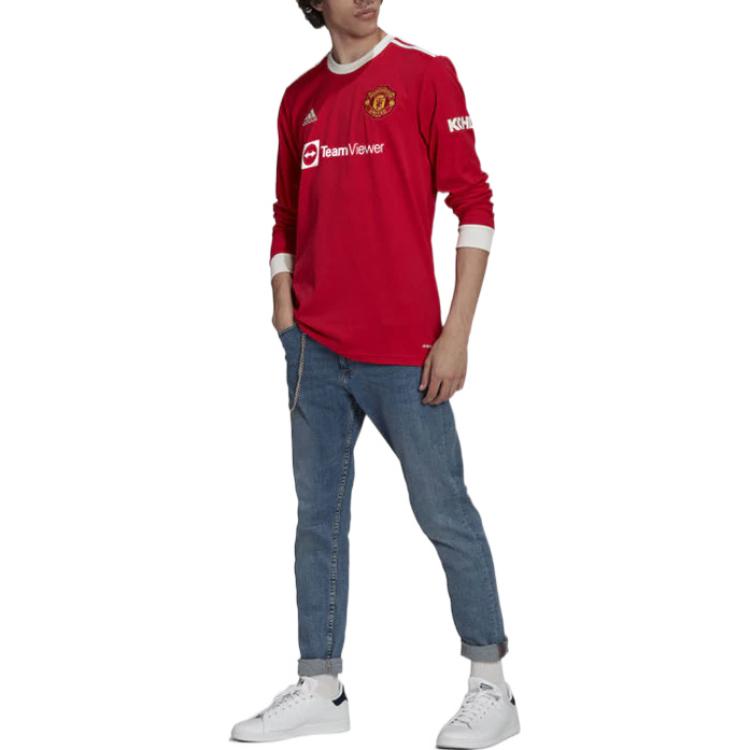 adidas 21/22 Season Manchester United Colorblock Stripe Round Neck Casual Long Sleeves Red H58696