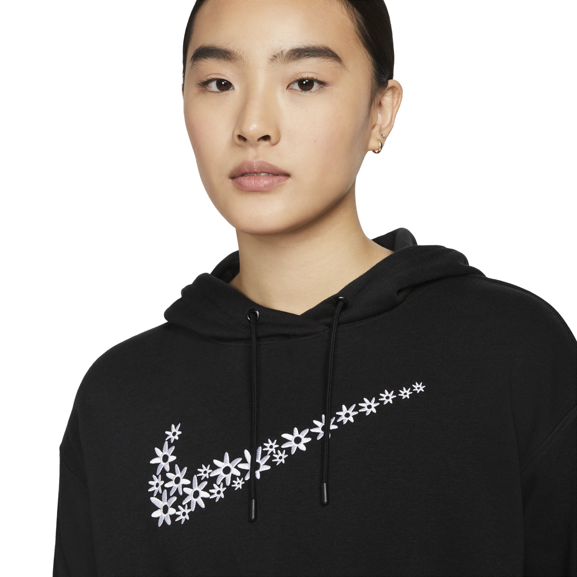 (WMNS) Nike Sportswear Logo Embroidered Loose Fleece Hoodie Black DO7257-010