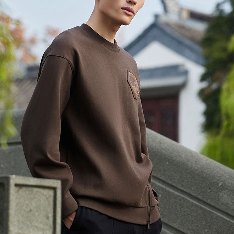 Li-Ning x Dragon Crossover Series Diagonal Zipper Design Loose Round Neck Pullover Black Brown AWDS295-3