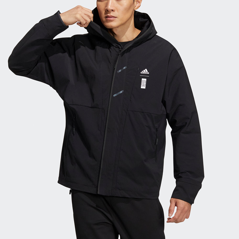 Men's adidas Wj Wv Jkt Martial Arts Series Logo Hooded Fleece Lined Sports Jacket Black HE5117