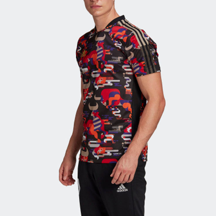 adidas Tiro Jsy Cny Printing Round Neck Soccer/Football Sports Short Sleeve Black GT9743