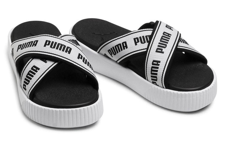 (WMNS) PUMA Platform Slide Tape Slippers For Black/White 380677-01