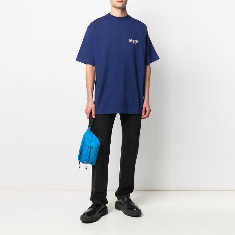 Men's Balenciaga Political Campaign Printing Large Version Short Sleeve Navy Blue 641675TIV521195