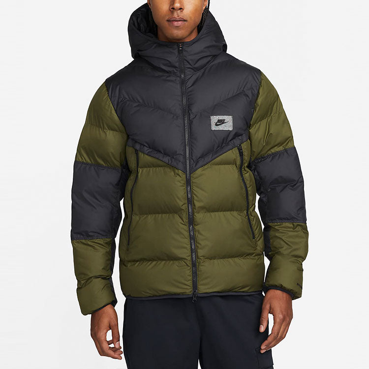 Men's Nike Logo Zipper Hooded Long Sleeves Green Down Jacket DX2040-011