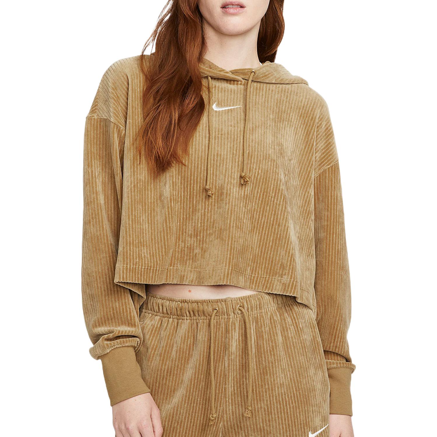 (WMNS) Nike Sportswear Velour Cropped Pullover Hoodie 'Tan' DQ5928-258