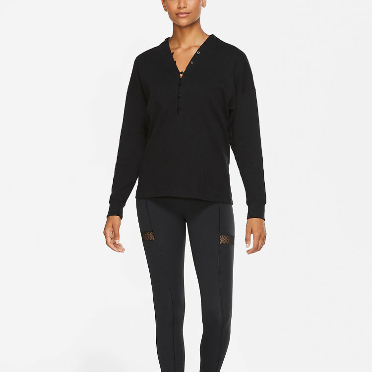 (WMNS) Nike Yoga Waffle V Neck Cozy Casual Pullover Wool Sweater Black CV9906-010
