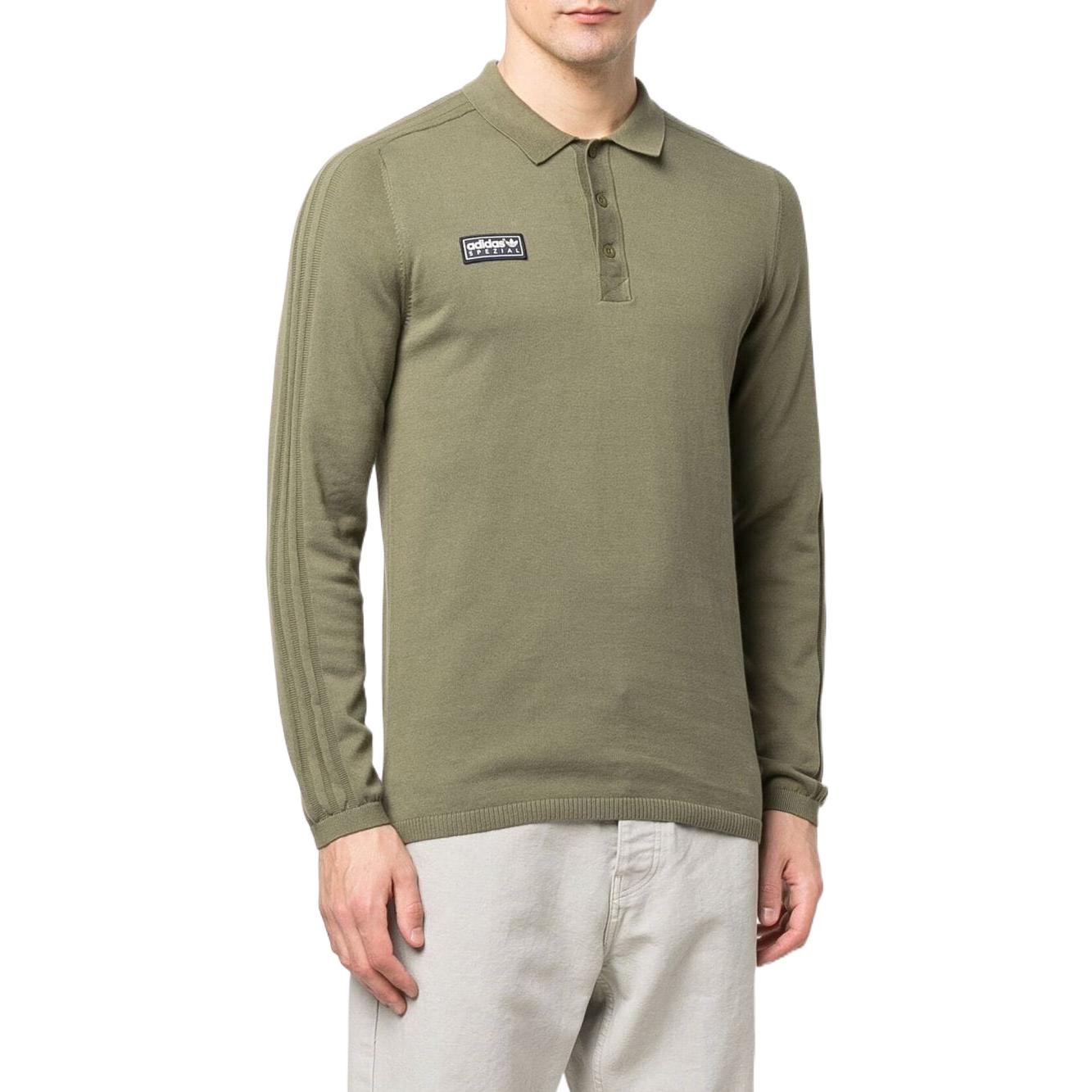 Men's adidas x SPEZIAL Meanwood Crossover Logo Label Solid Color Pullover Long Sleeves Green Polo Shirt H56671