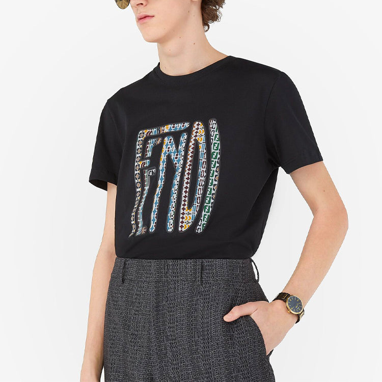 Men's FENDI SS21 Logo Pattern Printing Round Neck Short Sleeve Black FAF532AE8JF0GME