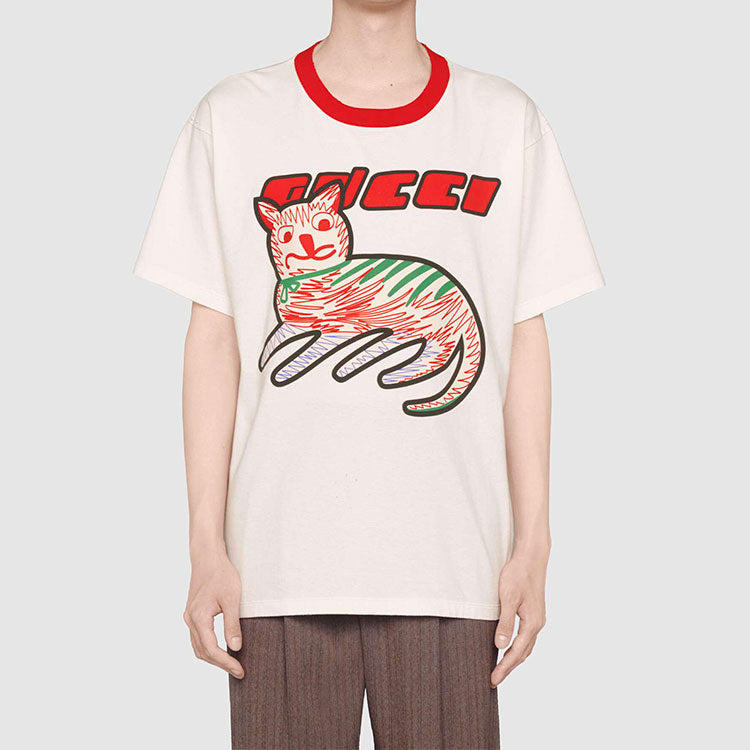 Gucci Cat Print Oversize T-shirt 'off white' 616036-XJCVU-9125