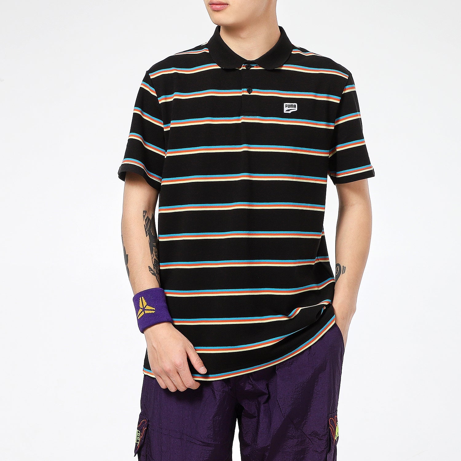 PUMA Downtown Stripe Polo Tee Shirt 'Black' 599781-01
