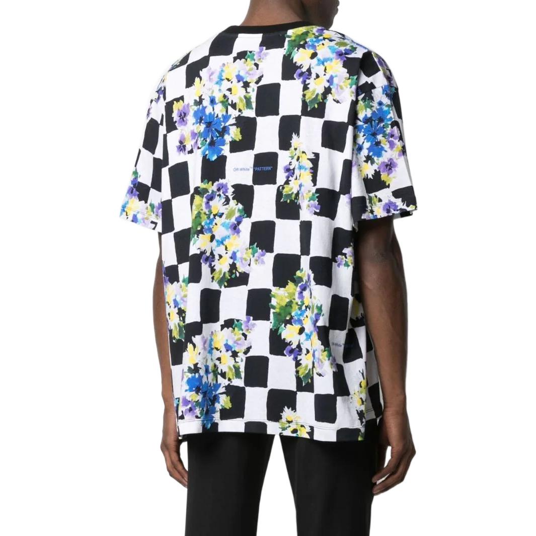 Men's Off-White SS22 Plaid Flowers Printing Round Neck Short Sleeve Loose Fit Black T-Shirt OMAA038S21JER01784008400