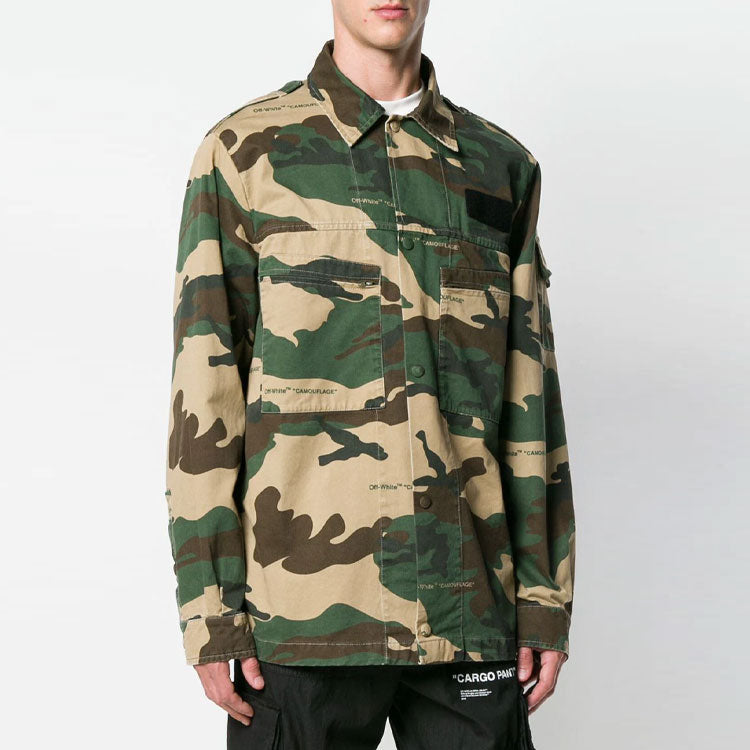 Men's Off-White Logo Printing Lapel Camouflage Jacket Loose Fit Green  OMGA063E18A300039901