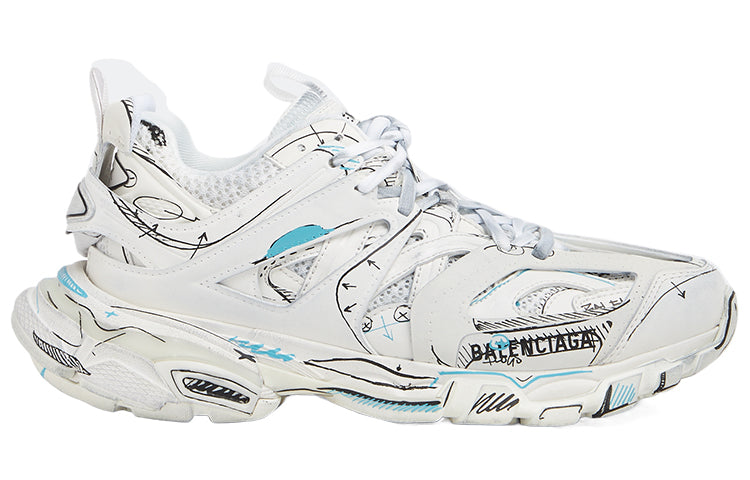 (WMNS) Balenciaga Track 1.0 Sneakers ' White Blue Mesh and Nylon Graffiti' 542436W3SRA9014