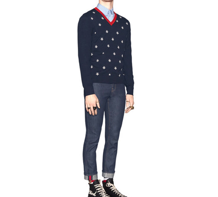 Gucci Bee Print V-Neck Sweater For Men Navy 431749-X1311-4696
