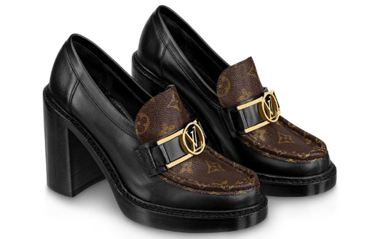 (WMNS) LOUIS VUITTON Academy Heeled Loafers 'Black with Brown Monogram' 1A86LV