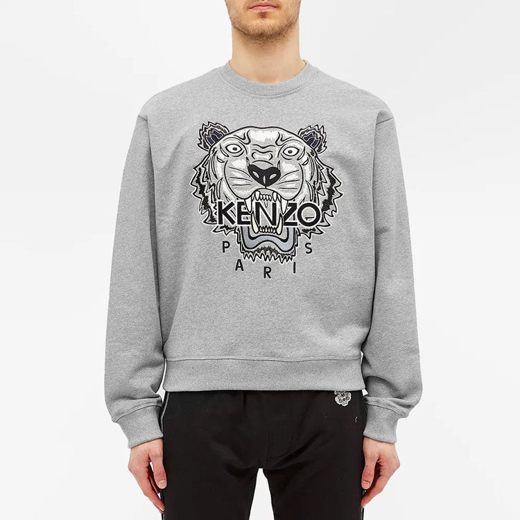 Men's KENZO Pearl Tiger Head Embroidered Pattern Cotton Round Neck Long Sleeves Gray FA65SW1114XV-94
