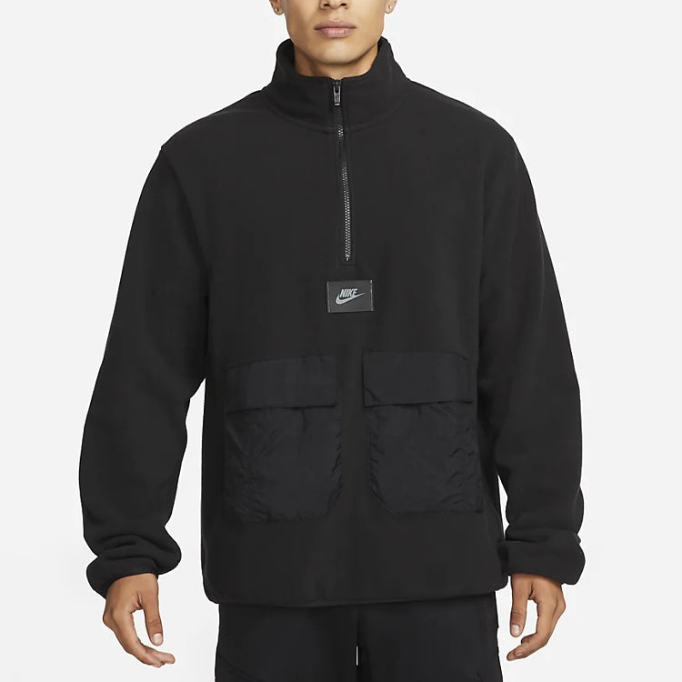 Men's Nike Sportswear Therma-FIT Logo Label Suede Half Zipper Stand Collar Jacket Black DO2638-010
