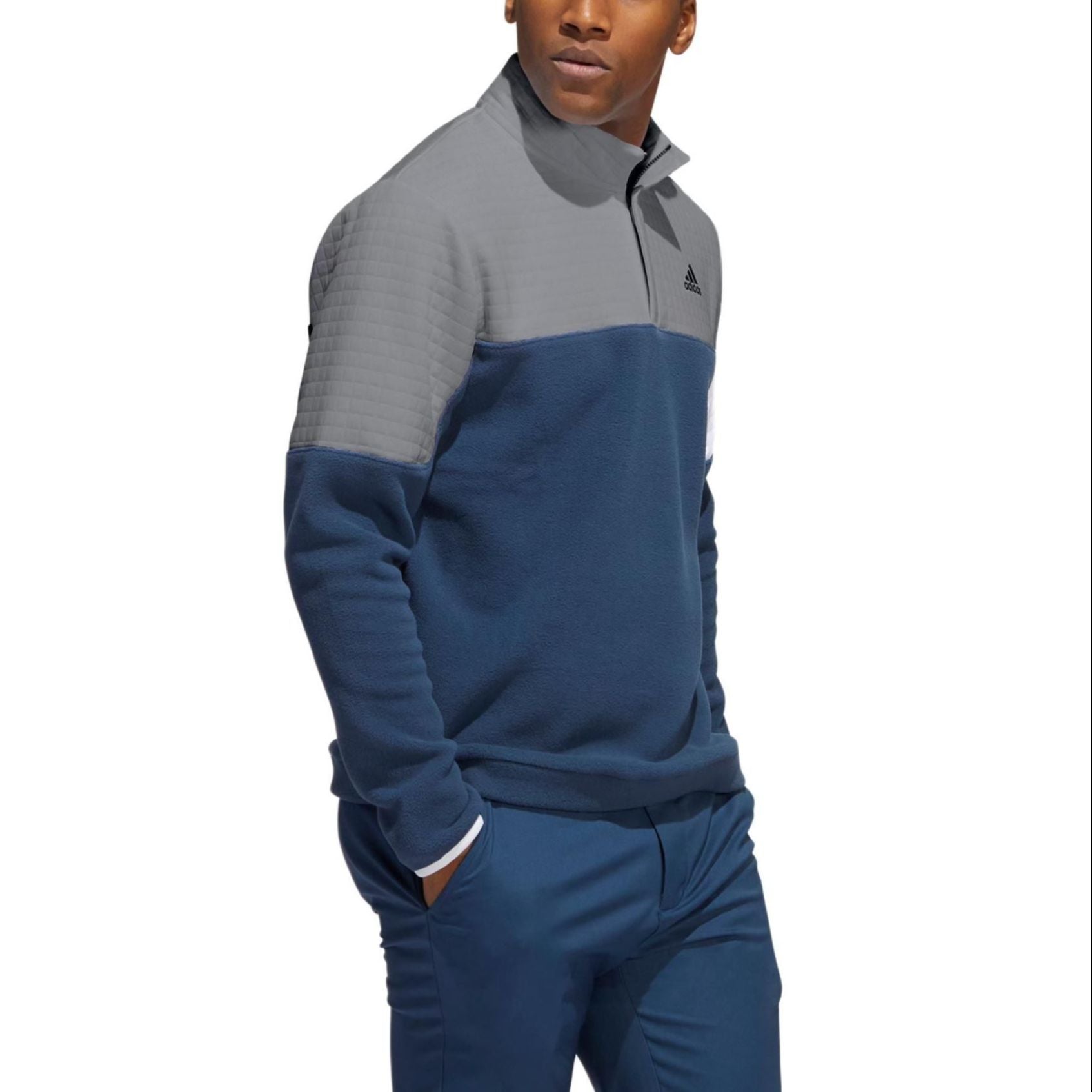 Men's adidas Colorblock Half Zipper Stand Collar Logo Embroidered Pullover Long Sleeves Blue HF6528