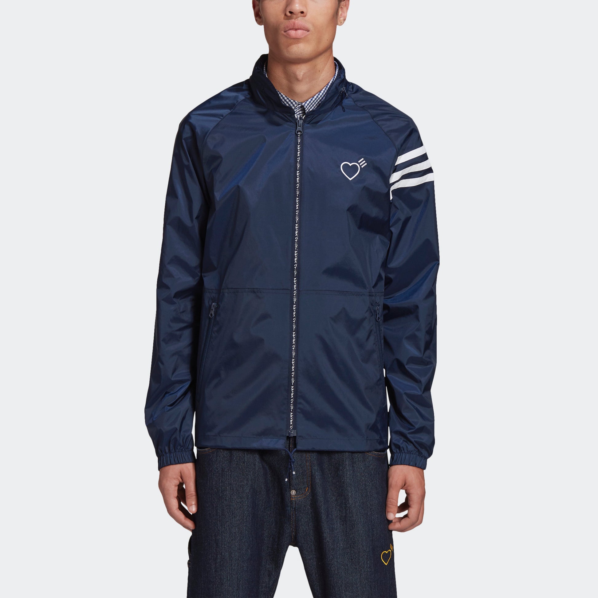adidas originals x HUMAN MADE Crossover Embroidered Logo hooded Sports Jacket Navy Blue GM4256