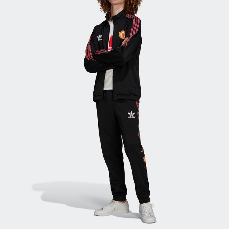Men's adidas originals SS22 Manchester United Casual Stripe Printing Bundle Feet Sports Pants/Trousers/Joggers Black HP0453