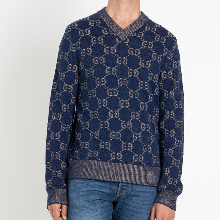 Gucci GG Jacquard Pull Knit For Men Navy 614744-XKBAU-4079