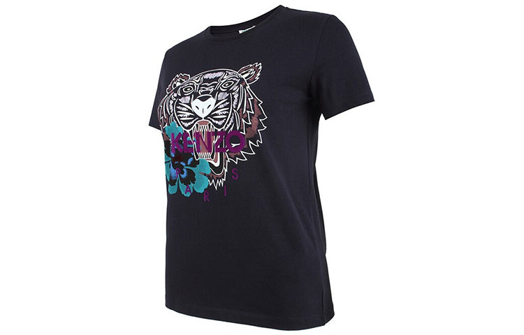 KENZO Multi-Color Printing Tiger Head Purple Alphabet Short Sleeve Navy Blue F862TS7634YG-78